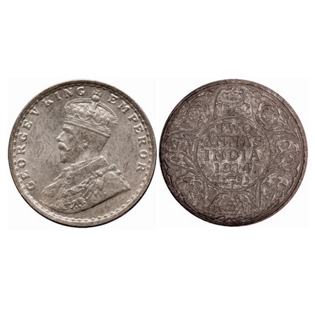 George V, Silver, 2 Annas, 1914, Bombay Mint, Dot. GK 1113. NGS Slabbed MS 63. Very Rare.