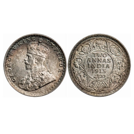 George V, Silver, 2 Annas, 1915, Bombay Mint, Dot. GK 1115. Uncirculated. Rare.