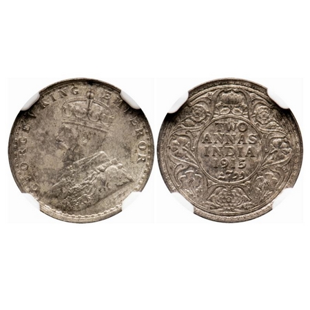 George V, Silver, 2 Annas, 1915, Bombay Mint, Dot. GK 1115. NGC Slabbed MS 63. Very Rare.