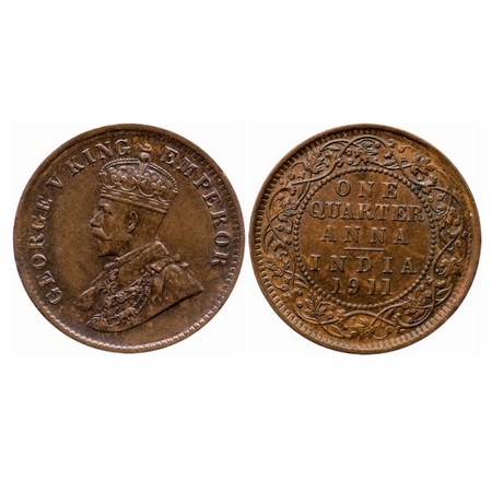 George V, Bronze, Quarter Anna, 1911, Calcutta Mint, No dot, Die rotation on Obv, Teeth de