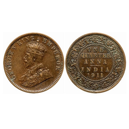 George V, Bronze, Quarter Anna, 1911, Calcutta Mint, No dot. GK 1171. Extremely Fine, Deta