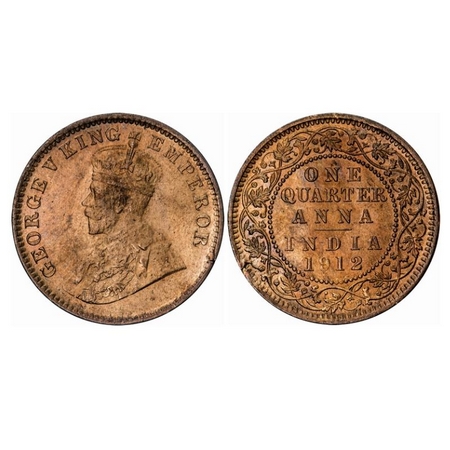 George V, Bronze, Quarter Anna, 1912, Calcutta Mint, No dot, Ghost on Rev. GK 1172. Uncirc