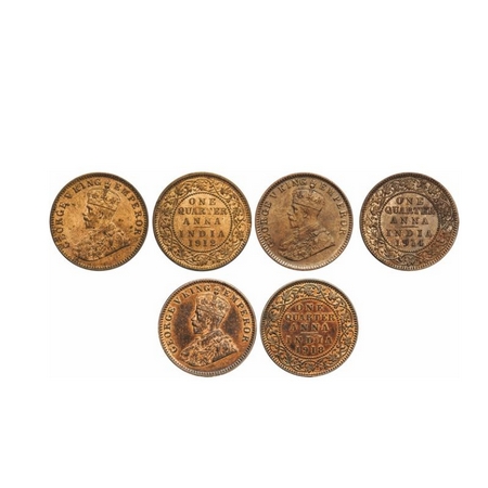 George V, Bronze, Quarter Anna (3 Coins), Calcutta Mint, No dot, 1912, Ghost on rev, 1914,