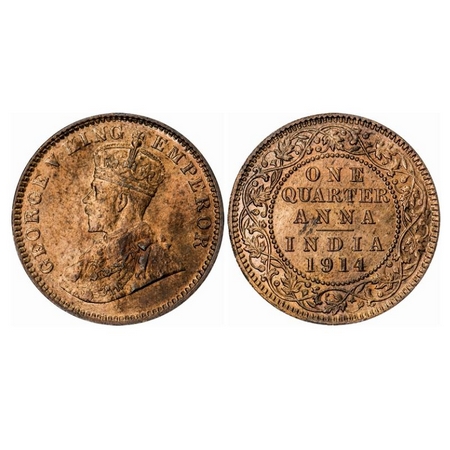George V, Bronze, Quarter Anna, 1913, Calcutta Mint, No dot. GK 1173. Brilliant Uncirculat