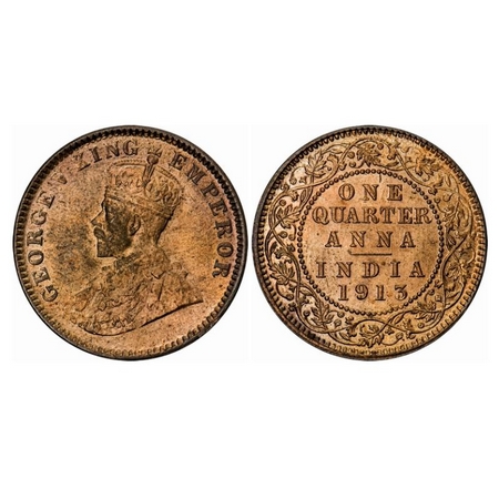 George V, Bronze, Quarter Anna, 1914, Calcutta Mint, No dot. GK 1174. Uncirculated. Very S