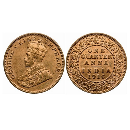 George V, Bronze, Quarter Anna, 1916, Calcutta Mint, No dot. GK 1175. Brilliant Uncirculat