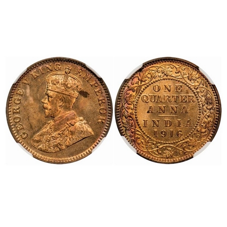 George V, Bronze, Quarter Anna, 1916, Calcutta Mint, No dot. GK 1175. NGC Slabbed. MS 64 R