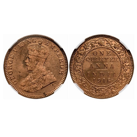 George V, Bronze, Quarter Anna, 1916, Calcutta Mint, No dot. GK 1175. NGC Slabbed MS 65 RD