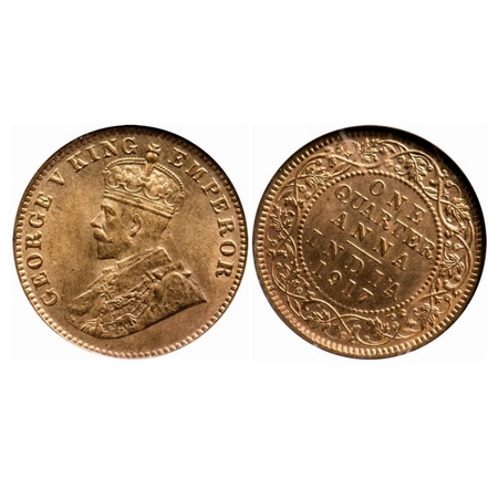 George V, Bronze, Quarter Anna, 1917, Calcutta Mint, No dot, 1 o'clock die rotation on Rev