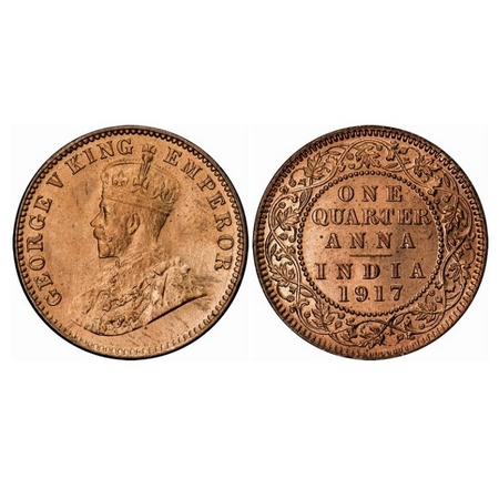 George V, Bronze, Quarter Anna, 1917, Calcutta Mint, No dot. GK 1176. Brilliant Uncirculat