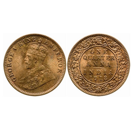 George V, Bronze, Quarter Anna, 1918, Calcutta Mint, No dot, Ghost on Rev, Die cracks on R