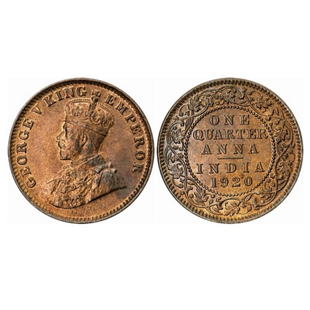 George V, Bronze, Quarter Anna, 1920, Calcutta Mint, No dot, Alphabate 'A' of Anna promine