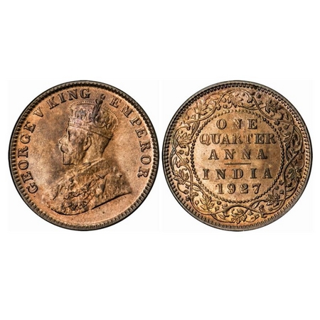 George V, Bronze, Quarter Anna, 1927, Calcutta Mint, No dot, Ghost on Rev. GK 1186. Uncirc