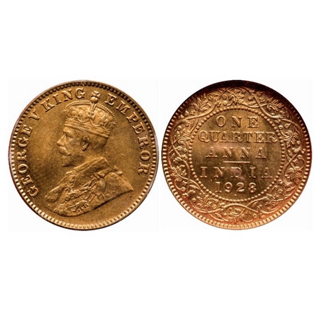 George V, Bronze, Quarter Anna, 1928, Bombay Mint, Dot, Ghost on Obv and Rev. GK 1187. NGS