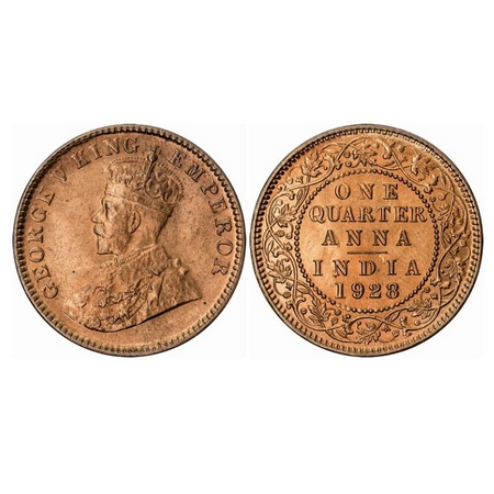 George V, Bronze, Quarter Anna, 1928, Calcutta Mint, No dot, Ghost on Rev. GK 1188. Brilli