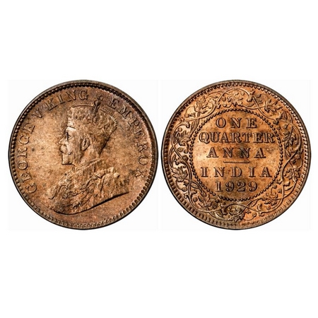 George V, Bronze, Quarter Anna, 1929, Calcutta Mint, No dot. GK 1189. Uncirculated. Scarce