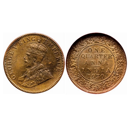 George V, Bronze, Quarter Anna, 1930, Calcutta Mint, No dot, Ghost on Obv and Rev. GK 1191