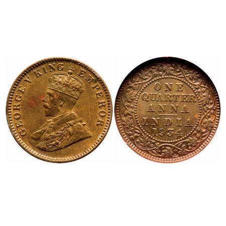 George V, Bronze, Quarter Anna, 1934, Calcutta mint, No dot. GK 1194. NGS Slabbed MS 63 BN