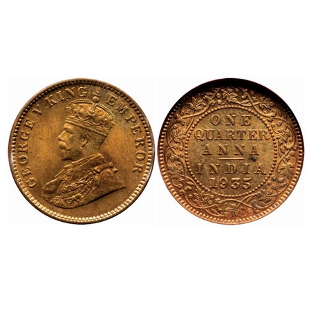George V, Bronze, Quarter Anna, 1935, Calcutta mint, No dot. GK 1195. NGS Slabbed MS 63 BN