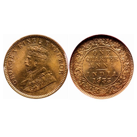 George V, Bronze, Quarter Anna, 1935, Calcutta Mint, No dot, Ghost on Obv and Rev. GK 1195