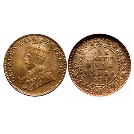 George V, Bronze, Quarter Anna, 1936, Bombay Mint, Dot, Ghost on Rev. GK 1196. NGS Slabbed