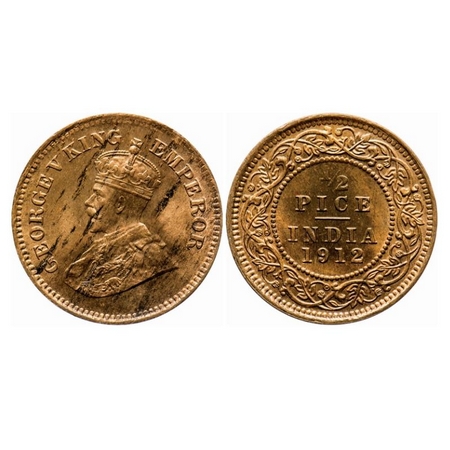 George V, Bronze, 1/2 Pice, 1912, Calcutta Mint, No mint mark. GK 1198. Uncirculated, Deta