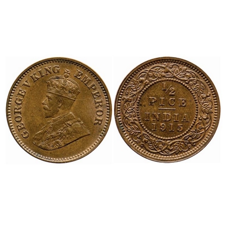 George V, Bronze, 1/2 Pice, 1915, Calcutta Mint, No mint mark, Die cracks on Obv, Ghost on