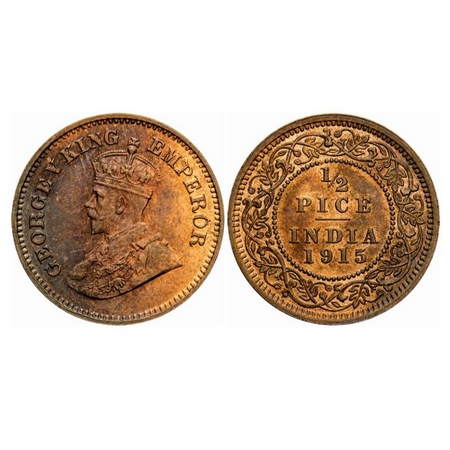 George V, Bronze, 1/2 Pice, 1915, Calcutta Mint, No mint mark, Ghost on Rev, Alphabet 'P' 