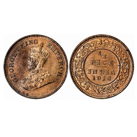 George V, Bronze, 1/2 Pice, 1916, Calcutta Mint, No mint mark. GK 1202. Brilliant Uncircul