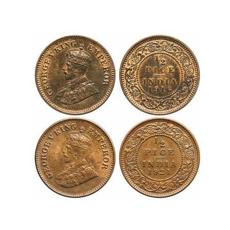 George V, Bronze, 1/2 Pice (2 Coins), Calcutta Mint, No mint mark, 1916, 1924, Ghost on Re