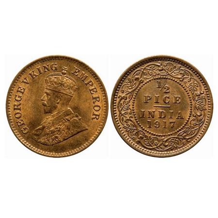 George V, Bronze, 1/2 Pice, 1917, Calcutta Mint, No mint mark, Die cracks on Obv, Planchet