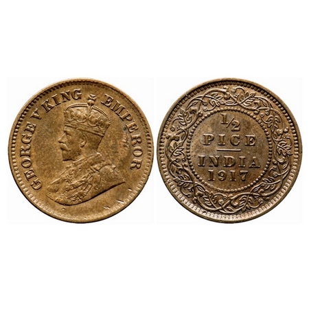 George V, Bronze, 1/2 Pice, 1917, Calcutta Mint, No mint mark. GK 1203. About Uncirculated