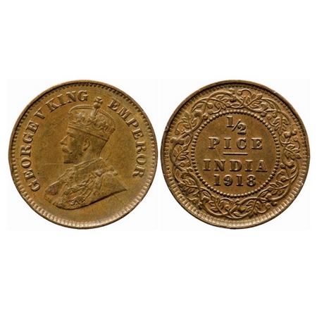 George V, Bronze, 1/2 Pice, 1918, Calcutta Mint, No mint mark, Die cracks on Obv and Rev,