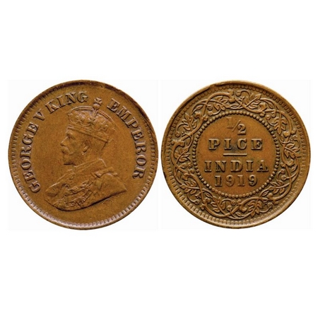 George V, Bronze, 1/2 Pice, 1919, Calcutta Mint, No mint mark, Ghost on Obv, Alphabets 'P'