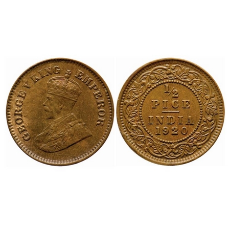 George V, Bronze, 1/2 Pice, 1920, Calcutta Mint, No mint mark, Ghost on Rev. GK 1206. Abou