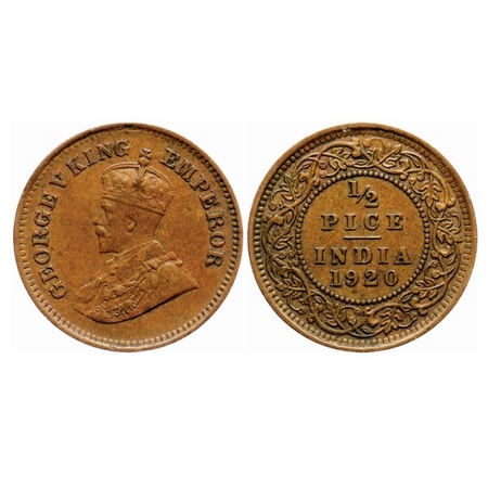 George V, Bronze, 1/2 Pice, 1920, Calcutta Mint, No mint mark. GK 1206. Extremely Fine. Sc
