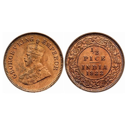 George V, Bronze, 1/2 Pice, 1922, Calcutta Mint, No mint mark. GK 1208. Uncirculated. Scar
