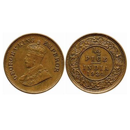 George V, Bronze, 1/2 Pice, 1924, Calcutta Mint, No mint mark. GK 1210. About Uncirculated