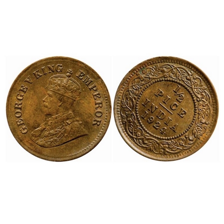 George V, Bronze, 1/2 Pice, 1924, Calcutta Mint, No mint mark, Ghost on Rev, 1'o clock die