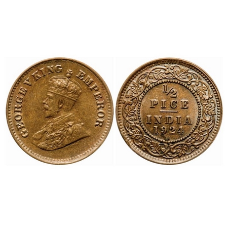 George V, Bronze, 1/2 Pice, 1924, Calcutta Mint, No mint mark, Ghost on Obv and Rev, Alpha
