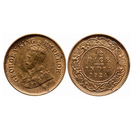 George V, Bronze, 1/2 Pice, 1924, Calcutta Mint, No mint mark. Ghost on Obv and Rev. GK 12
