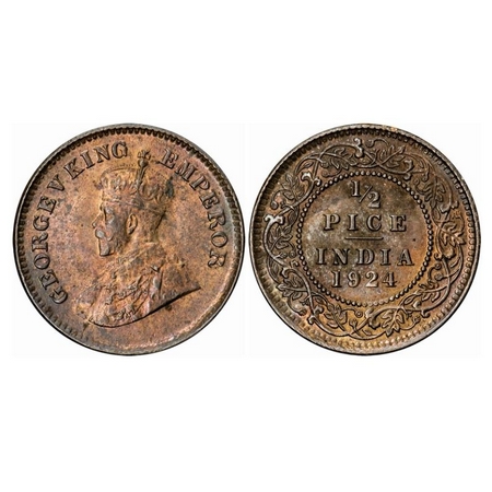 George V, Bronze, 1/2 Pice, 1924, Calcutta Mint, No mint mark. GK 1210. Uncirculated, Tone