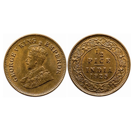 George V, Bronze, 1/2 Pice, 1925, Calcutta Mint, No mint mark. GK 1211. Uncirculated. Rare