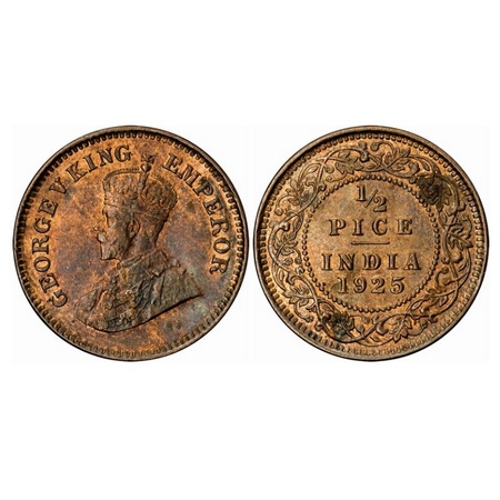 George V, Bronze, 1/2 Pice, 1925, Calcutta Mint, No mint mark. GK 1211. Uncirculated, Deta