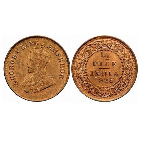 George V, Bronze, 1/2 Pice, 1925, Calcutta Mint, No mint mark. GK 1211. About Uncirculated