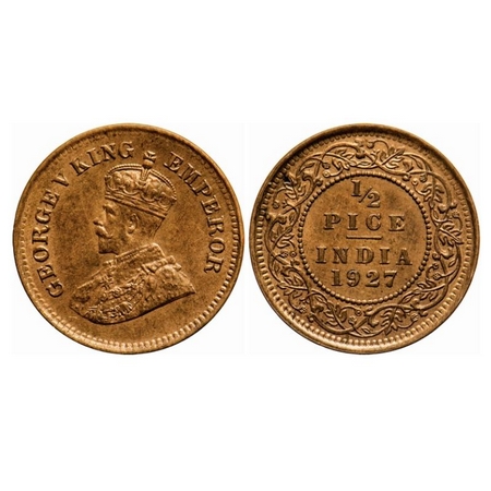 George V, Bronze, 1/2 Pice, 1927, Calcutta Mint, No mint mark. GK 1213. Uncirculated. Very