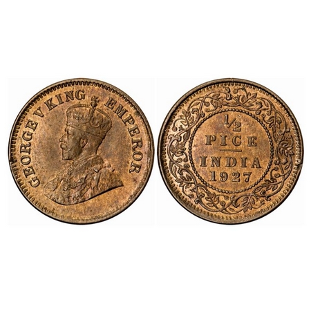 George V, Bronze, 1/2 Pice, 1927, Calcutta Mint, No mint mark. GK 1213. Uncirculated. Very