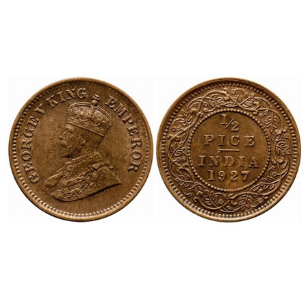 George V, Bronze, 1/2 Pice, 1927, Calcutta Mint, No mint mark, Ghost on Rev, Die cracks on