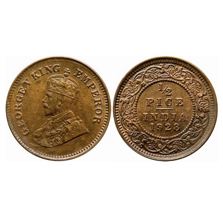 George V, Bronze, 1/2 Pice, 1928, Calcutta Mint, No mint mark, Ghost on Obv and Rev, Alpha