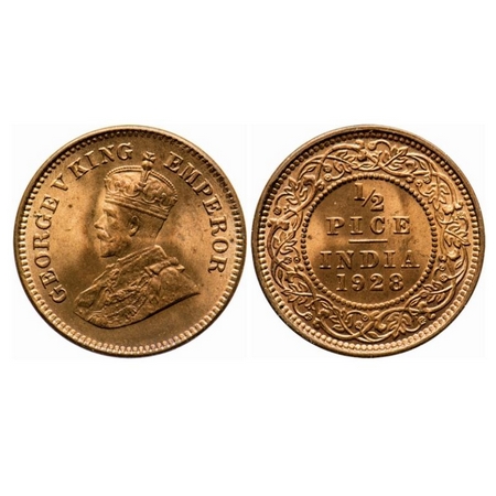 George V, Bronze, 1/2 Pice, 1928, Calcutta Mint, No mint mark. GK 1214. Uncirculated. Very